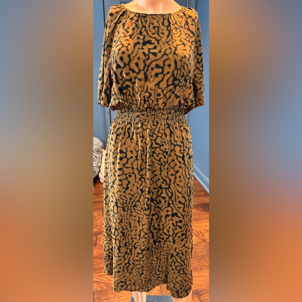 H&M Animal Print Midi Dress Smocked Waist Boho XS
